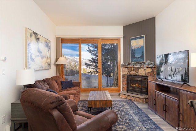 living area featuring a stone fireplace and light wood-style floors