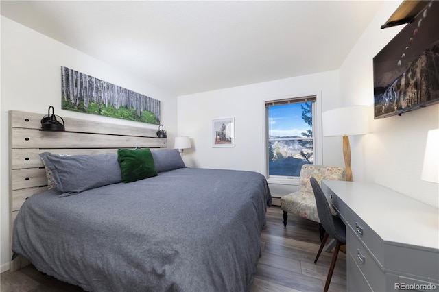 bedroom with a baseboard radiator and wood finished floors