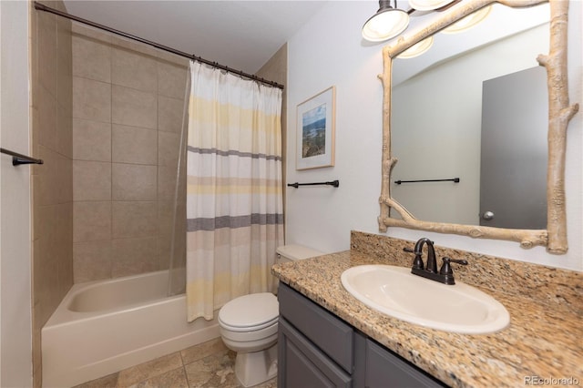 full bathroom featuring toilet, shower / bath combo, and vanity