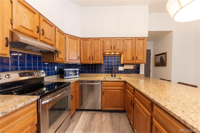 kitchen with light wood-style flooring, a sink, stainless steel appliances, under cabinet range hood, and tasteful backsplash