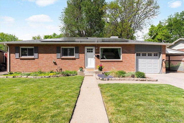 6314 Brooks Dr, Arvada, CO 80004 - ranch-style house featuring brick siding, an attached garage, driveway, a front yard, and roof mounted solar panels