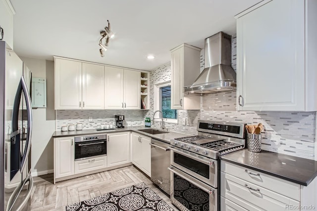 6314 Brooks Dr, Arvada, CO 80004 - kitchen featuring wall chimney range hood, stainless steel appliances, dark countertops, and open shelves