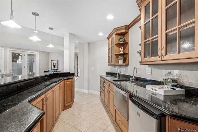 13962 W 76th Ln, Arvada, CO 80005 - kitchen with open shelves, stainless steel dishwasher, brown cabinets, hanging light fixtures, and light tile patterned floors
