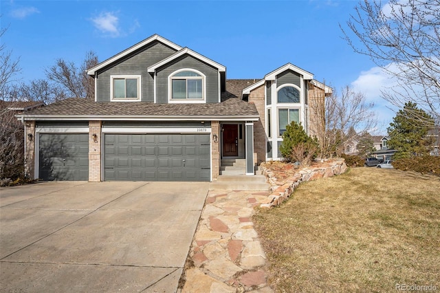 view of front of property with brick siding, a shingled roof, concrete driveway, and a front yard