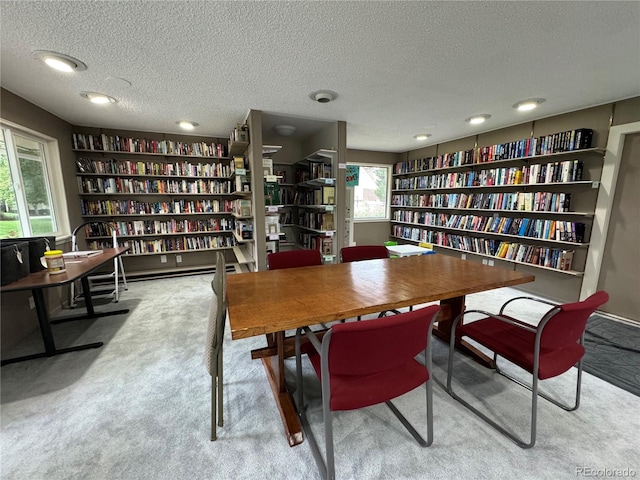 carpeted dining space with a wealth of natural light and a textured ceiling