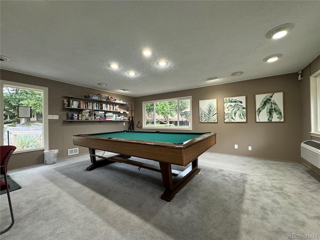 playroom with a healthy amount of sunlight, light carpet, and billiards