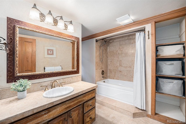 full bath with vanity, shower / bath combo with shower curtain, and tile patterned floors