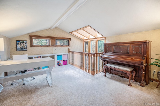 carpeted office featuring wooden walls and lofted ceiling with skylight