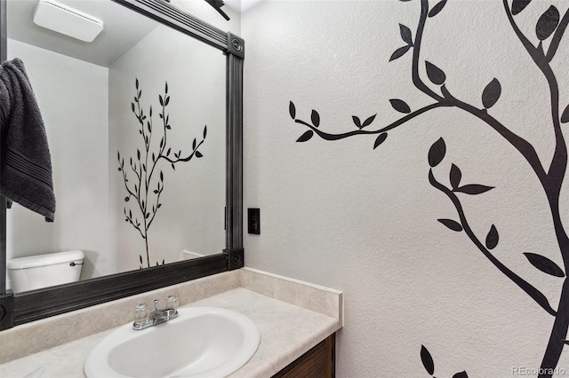 bathroom featuring toilet, vanity, and a textured wall