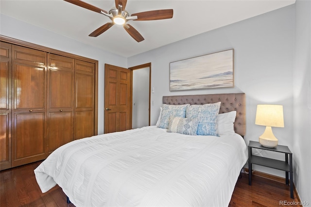 10886 E Crestline Cir, Englewood, CO 80111 - bedroom featuring dark wood-type flooring, ceiling fan, and a closet