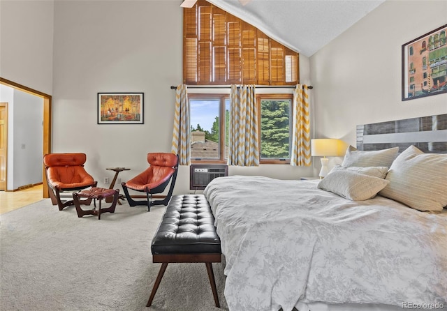 10886 E Crestline Cir, Englewood, CO 80111 - bedroom featuring high vaulted ceiling, carpet floors, and cooling unit
