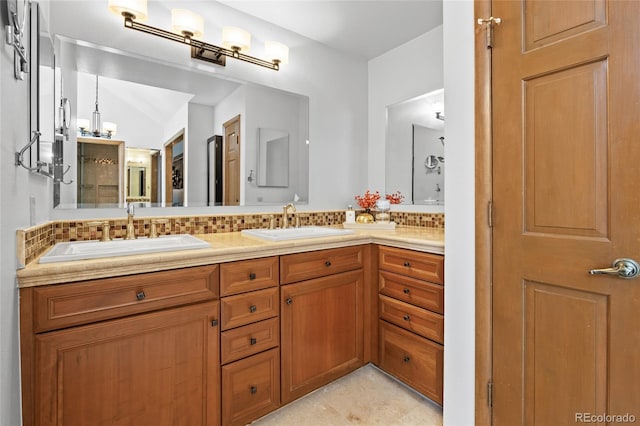 10886 E Crestline Cir, Englewood, CO 80111 - bathroom with decorative backsplash, double vanity, and a chandelier