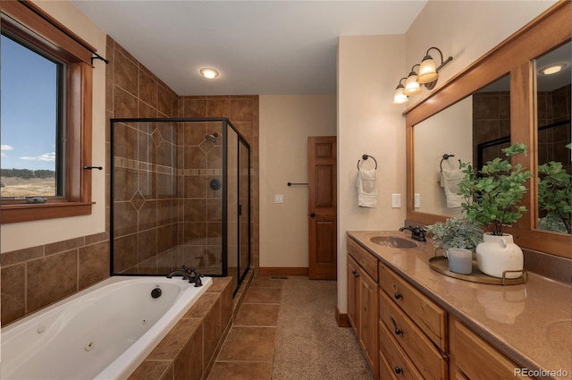 bathroom featuring vanity, separate shower and tub, and tile patterned flooring