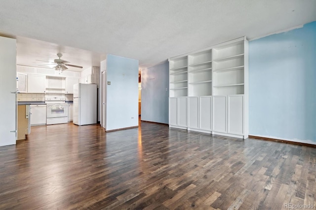 unfurnished living room featuring a textured ceiling, dark wood-type flooring, and ceiling fan