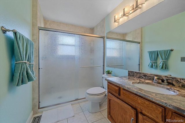 full bath featuring vanity, visible vents, a shower stall, tile patterned floors, and toilet