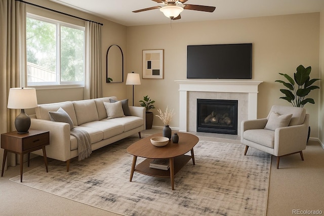 4788 Laurelglen Ln, Highlands Ranch, CO 80130 - living room featuring a ceiling fan, a fireplace, and carpet floors