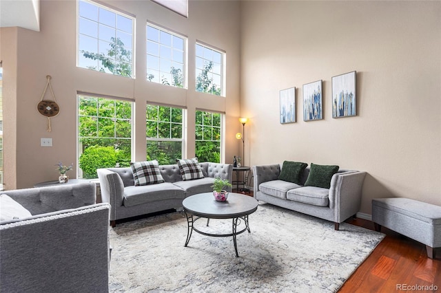 3000 E 112th Ave Unit 86, Northglenn, CO 80233 - living area with wood finished floors, a towering ceiling, and baseboards