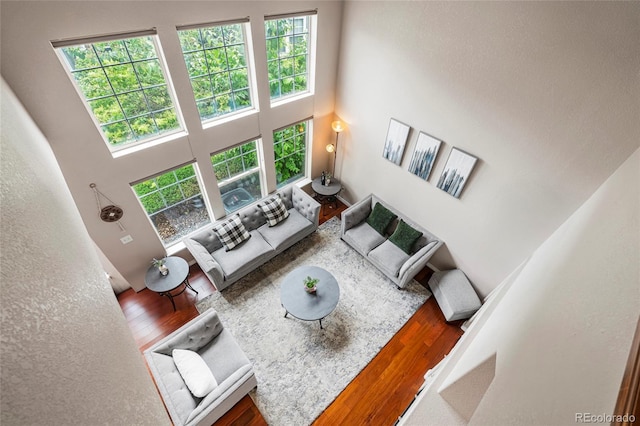 3000 E 112th Ave Unit 86, Northglenn, CO 80233 - living room featuring a high ceiling, wood finished floors, and healthy amount of natural light