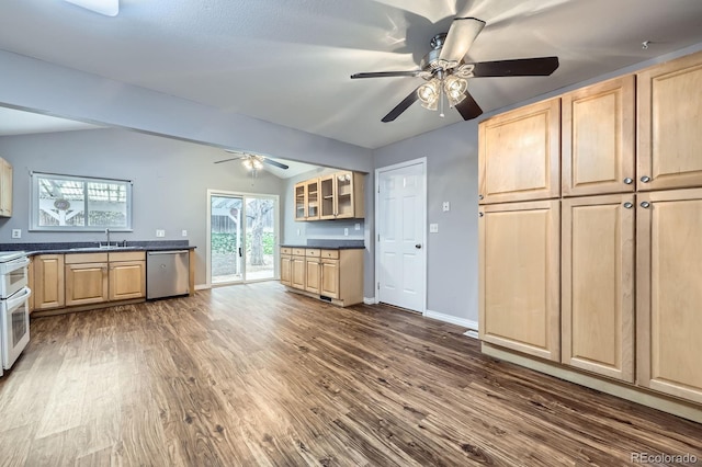 kitchen featuring dark wood-style flooring, light brown cabinetry, a sink, and dishwasher