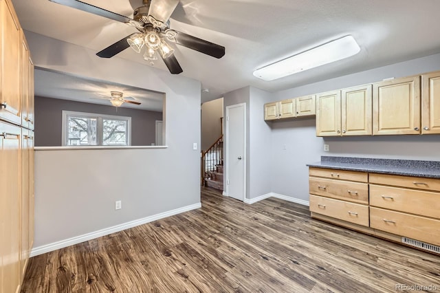 interior space with baseboards, dark wood-style flooring, and a ceiling fan