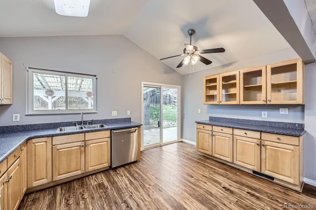 kitchen with vaulted ceiling, stainless steel dishwasher, ceiling fan, a sink, and dark wood-type flooring