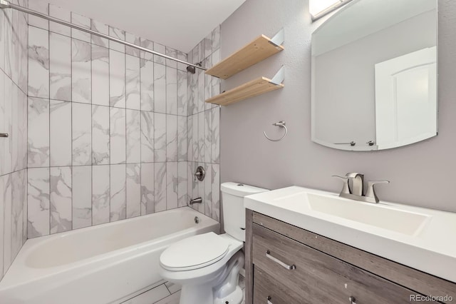 full bath featuring shower / bathing tub combination, vanity, and toilet