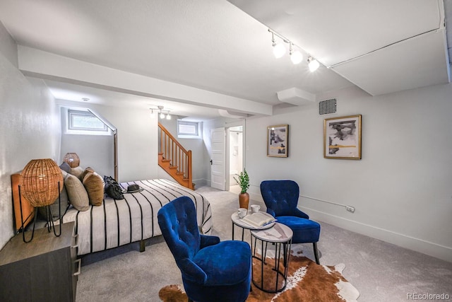 bedroom featuring carpet, visible vents, and baseboards