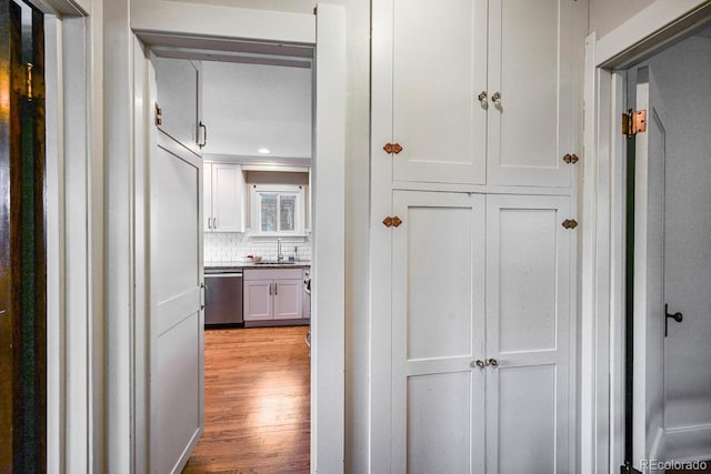 hallway featuring light wood finished floors and a sink