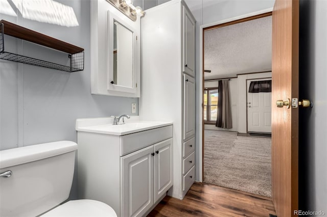 bathroom featuring toilet, vanity, wood finished floors, and a textured ceiling