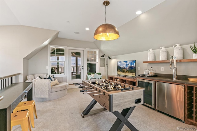 5880 Beeler Ct, Denver, CO 80238 - playroom featuring beverage cooler, wet bar, lofted ceiling, carpet, and recessed lighting