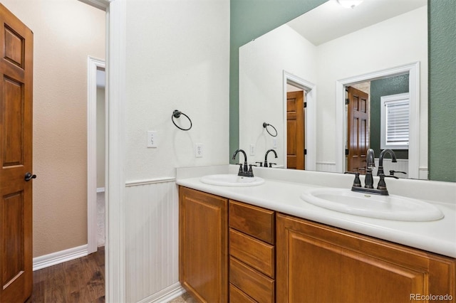 bathroom with wood-type flooring and vanity