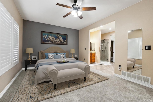 29850 E 167th Pl, Brighton, CO 80603 - carpeted bedroom featuring baseboards, a ceiling fan, and connected bathroom