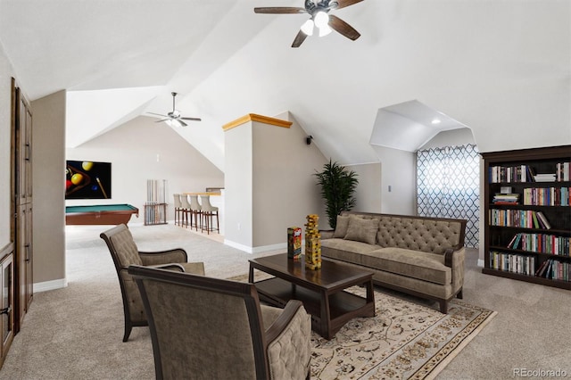 carpeted living room with ceiling fan, pool table, and lofted ceiling