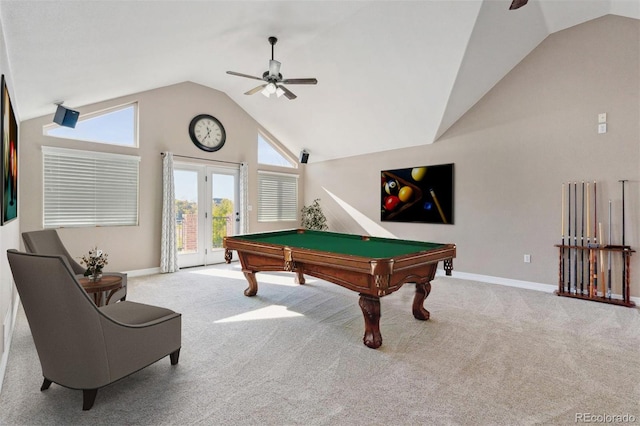 playroom with ceiling fan, billiards, high vaulted ceiling, and light colored carpet