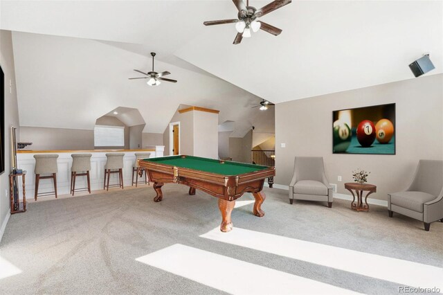29850 E 167th Pl, Brighton, CO 80603 - game room with carpet flooring, vaulted ceiling, pool table, ceiling fan, and baseboards