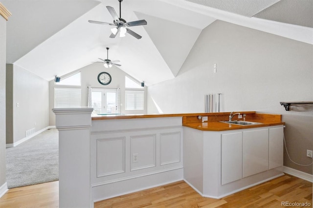 29850 E 167th Pl, Brighton, CO 80603 - bar area featuring a sink, a ceiling fan, vaulted ceiling, light wood finished floors, and baseboards