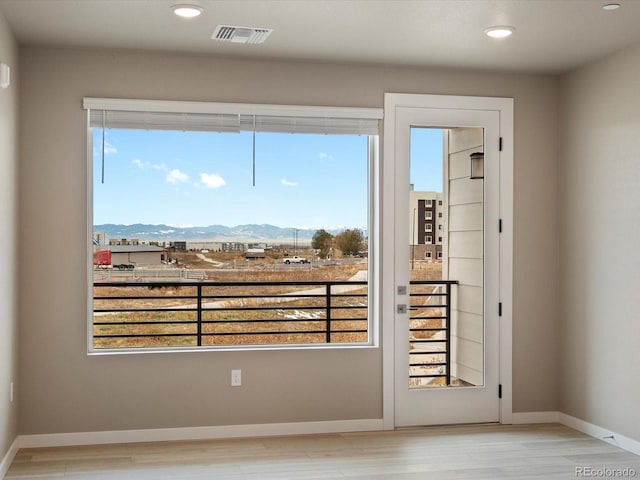 entryway featuring a wealth of natural light, a mountain view, and light wood-type flooring