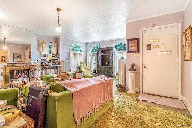 2421 N York St, Denver, CO 80205 - carpeted living area with ornamental molding, baseboards, and a textured ceiling