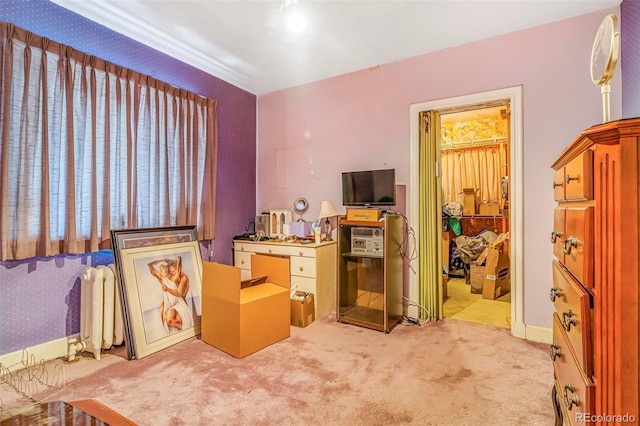 2421 N York St, Denver, CO 80205 - carpeted bedroom with radiator heating unit and wallpapered walls