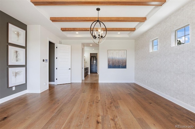 27381 E Lakeview Dr, Aurora, CO 80016 - empty room featuring wood finished floors, beam ceiling, a chandelier, recessed lighting, and baseboards