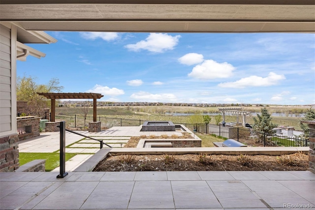 27381 E Lakeview Dr, Aurora, CO 80016 - view of patio with a water view, a vegetable garden, fence, and a pergola