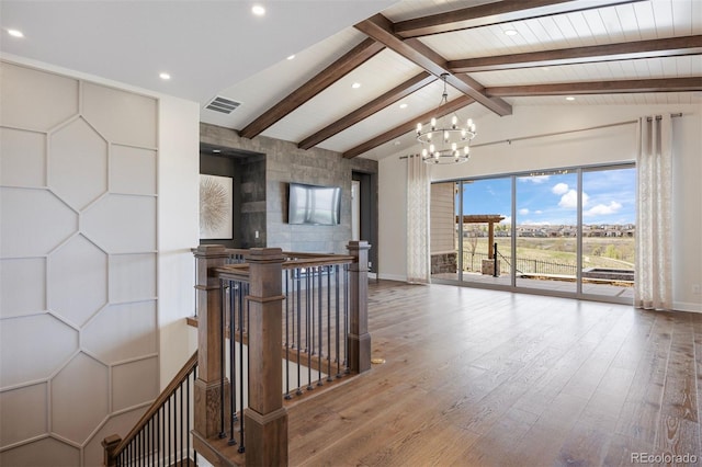 27381 E Lakeview Dr, Aurora, CO 80016 - hall featuring an upstairs landing, a chandelier, wood finished floors, and recessed lighting