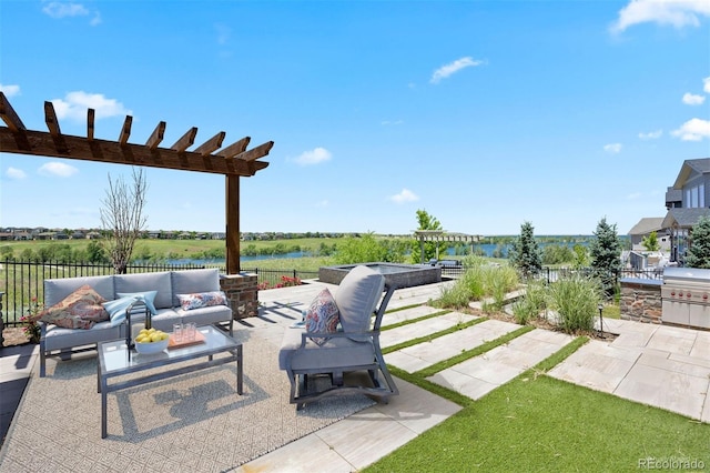 27381 E Lakeview Dr, Aurora, CO 80016 - view of patio with an outdoor hangout area, a pergola, a grill, and a water view