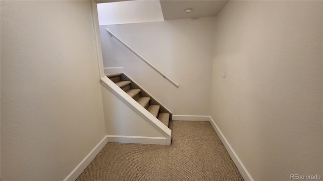 stairway with carpet flooring and baseboards