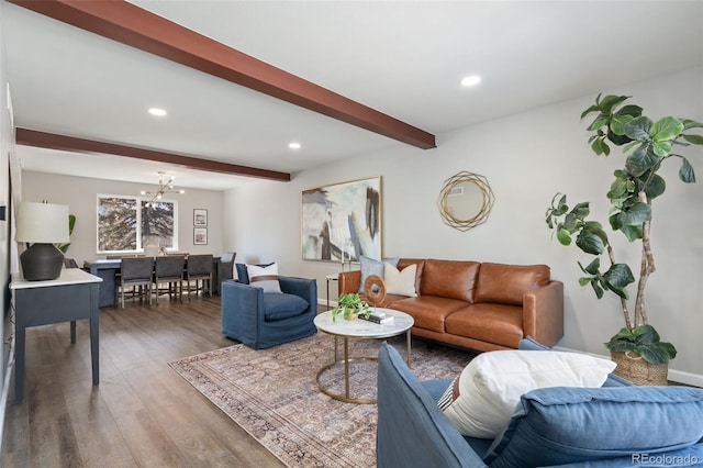 living room with recessed lighting, beamed ceiling, baseboards, and wood finished floors