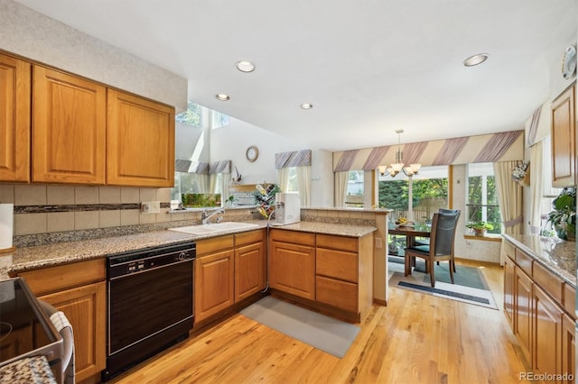 5134 S Ouray Ct, Centennial, CO 80015 - kitchen featuring dishwasher, electric stove, a peninsula, light wood-type flooring, and a chandelier