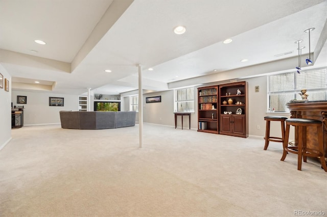 5134 S Ouray Ct, Centennial, CO 80015 - living room with light colored carpet, baseboards, and recessed lighting