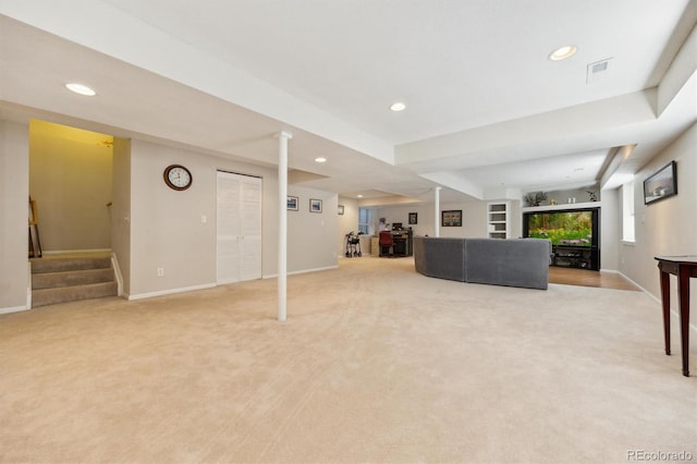 5134 S Ouray Ct, Centennial, CO 80015 - unfurnished living room with light carpet, recessed lighting, stairs, and baseboards