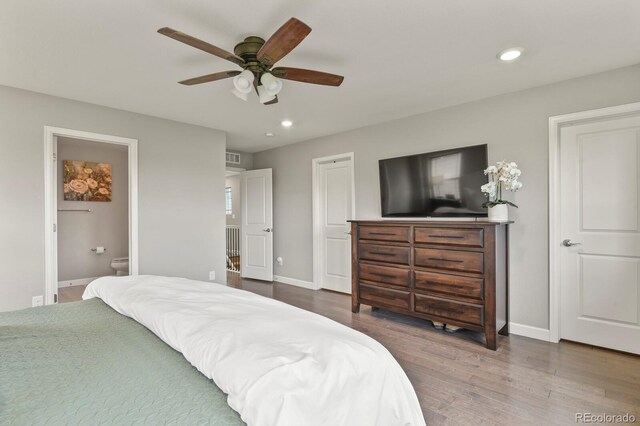 5841 Alton St, Denver, CO 80238 - bedroom featuring wood finished floors, recessed lighting, ensuite bathroom, and ceiling fan