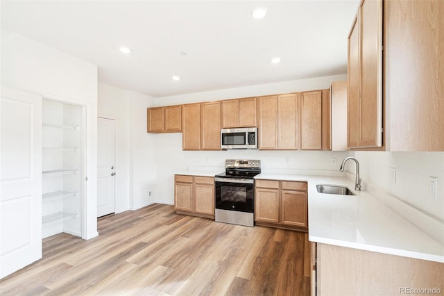 kitchen featuring appliances with stainless steel finishes, sink, and light hardwood / wood-style floors